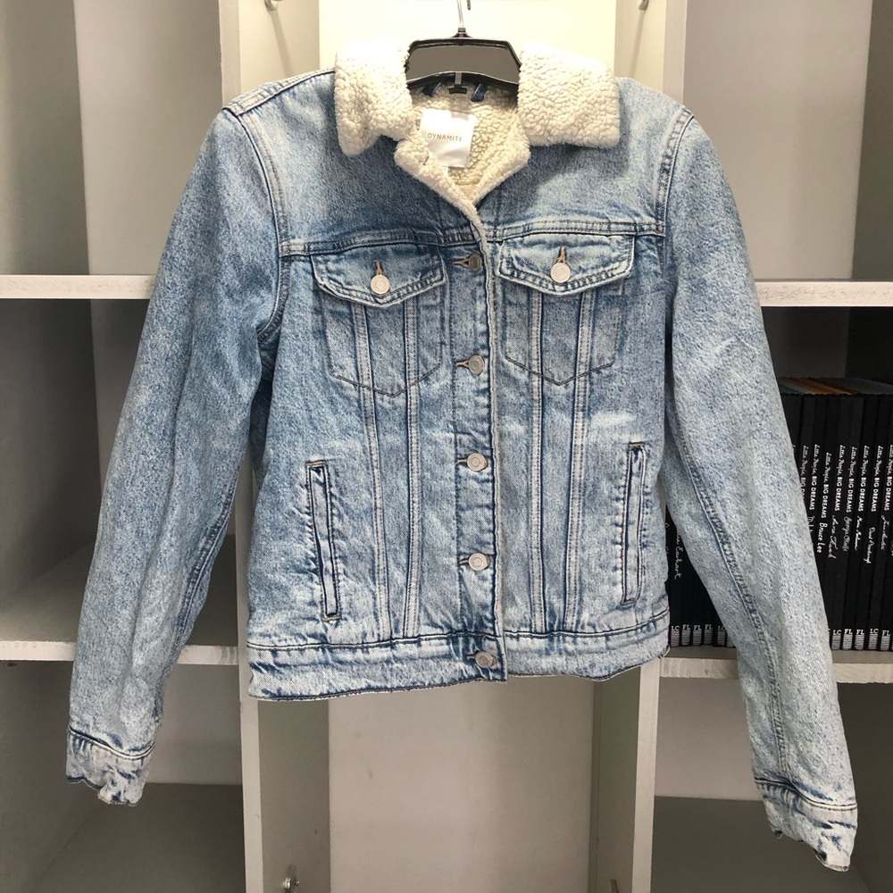 Dynamite Light Blue Denim Jacket with Cream Sherpa Collar